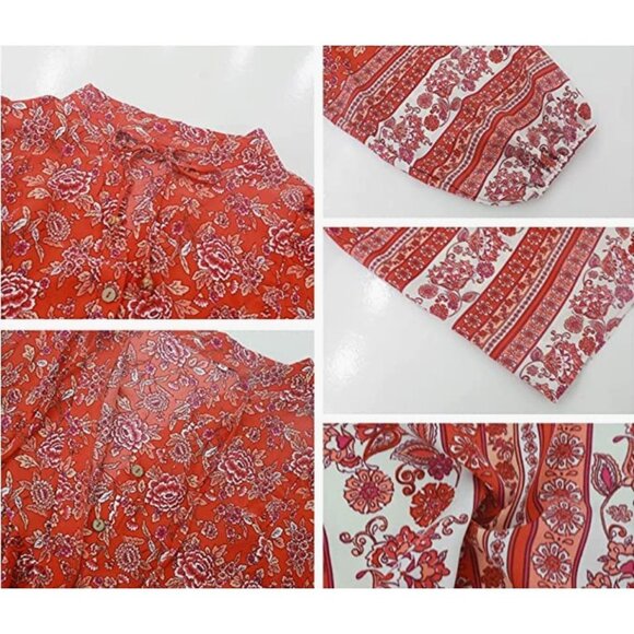 Red Boho Floral Printed Tie V-Neck Loose Flowy Long Sleeve Top Blouse - Picture 4 of 5